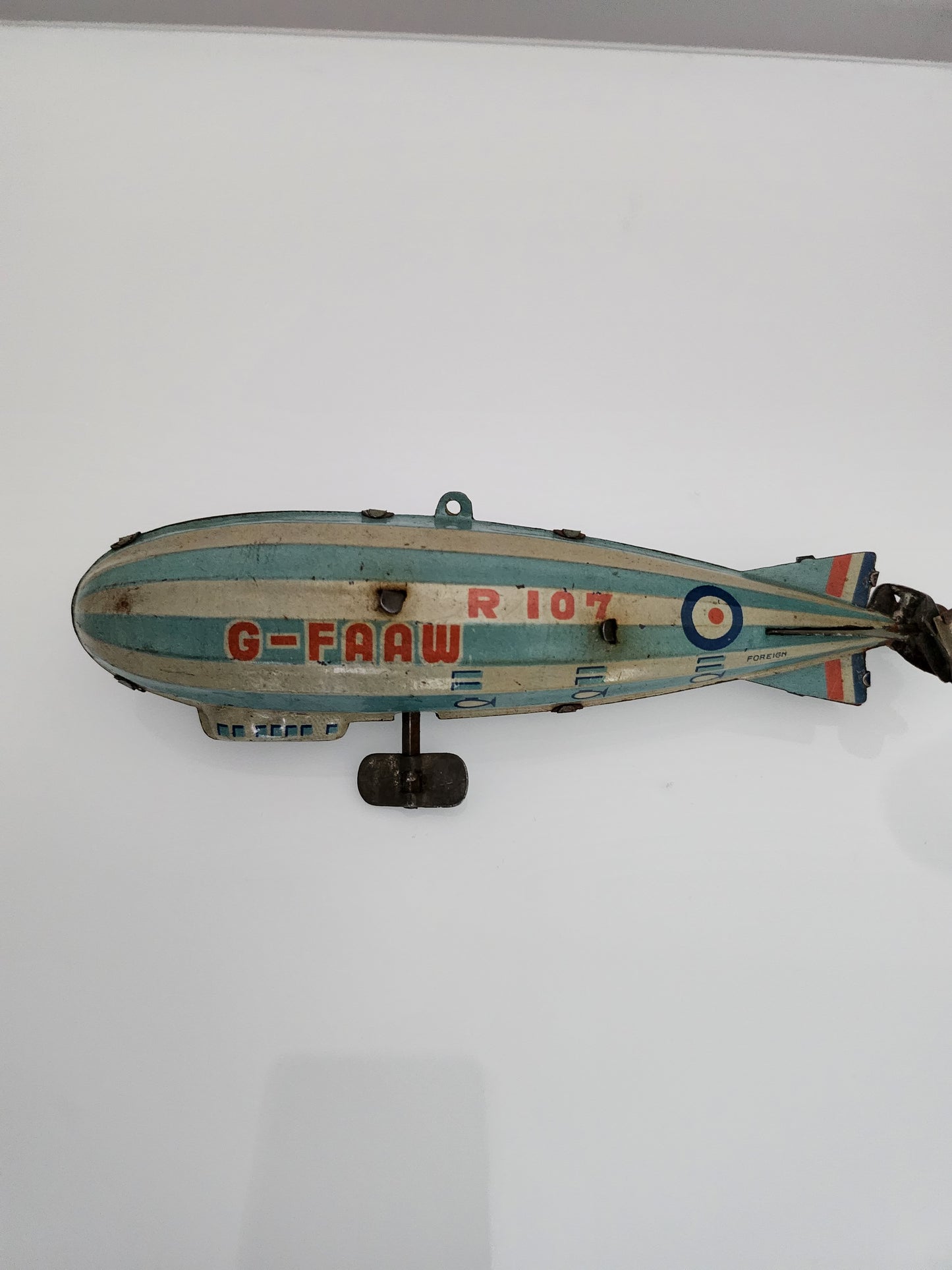 Scarce, Japanese Pre WW2 Tinplate Mechanical Flying Toy of The Royal Airship Works R-107(K.K Japan) 1930s Japan